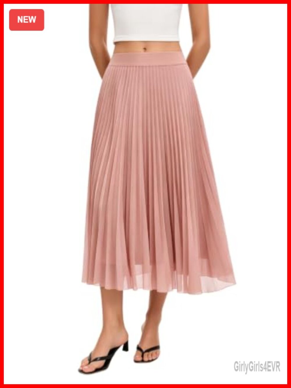 Elegant Flowy Pleated Chiffon Midi Skirt A-Line Swing Elastic Waist Soft Lined
